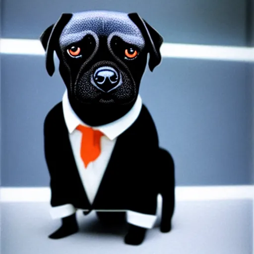 Prompt: portrait of black pugalier dog wearing suit and tie, by damien hurst