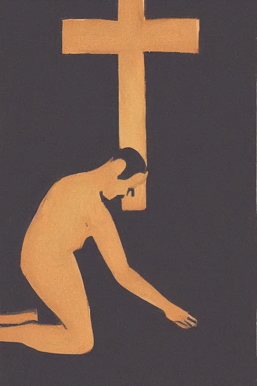 Image similar to man kneeling on the ground in front of a wooden cross, 1960’s minimalist advertising illustration, painterly, expressive brush strokes