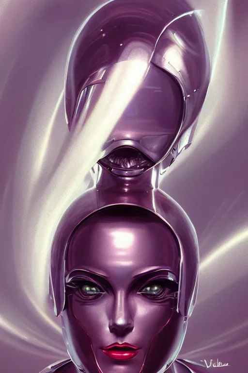 Image similar to retro-futuristic female android in old scratched chrome armour, vintage used look, facial portrait, rim light, ornate pattern, glowing eyes, evil expression, painting by vincent di fate, artgerm julie bell beeple, Smooth gradients, High contrast, depth of field, very coherent symmetrical artwork