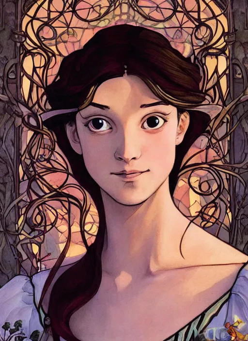 Prompt: well - lit art nouveau face portrait of a 1 3 - year old ballet girl in the garden, natural lighting, path traced, highly detailed, high quality, cartoon, digital painting, by don bluth and ross tran and studio ghibli