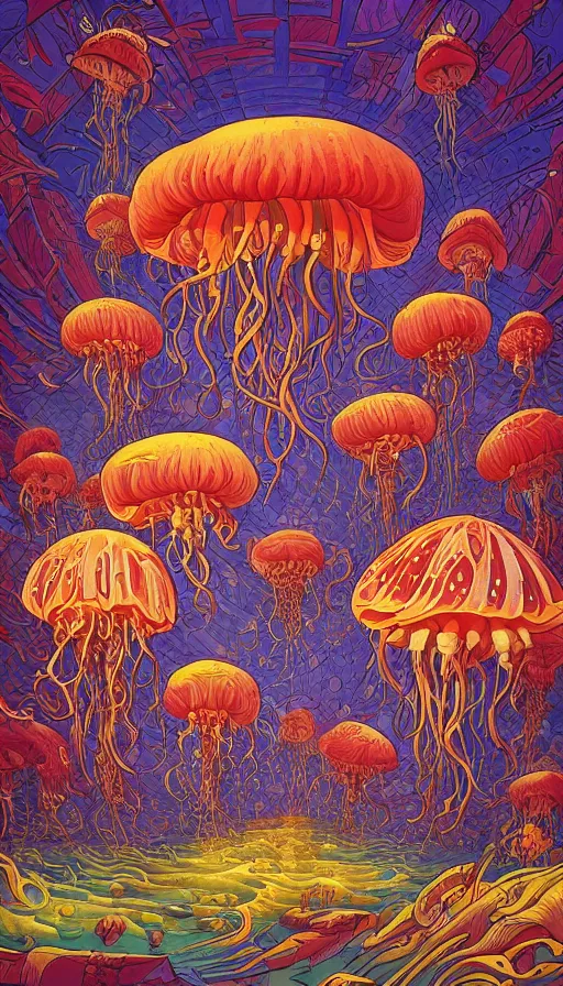 Prompt: The land of the floral jellyfish, italian futurism, Dan Mumford, da vinci, Josan Gonzalez