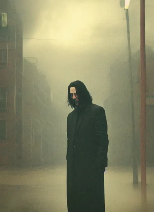 Image similar to screenshoot from david lynch weird movie, face centered portrait of keanu reeves in matrix movie, confident, fog, rain, volumetric lighting, beautiful, golden hour, sharp focus, ultra detailed, cgsociety by leesha hannigan, ross tran, thierry doizon, kai carpenter, ignacio fernandez rios, noir photorealism, film