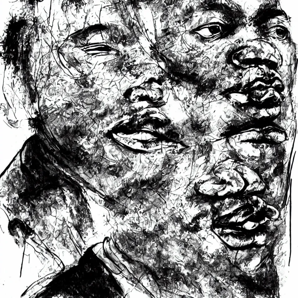 Image similar to A loose messy wild ink sketch portrait of Martin Luther King in the style of Ralph Steadman and Paul Klee, caricature, dramatic