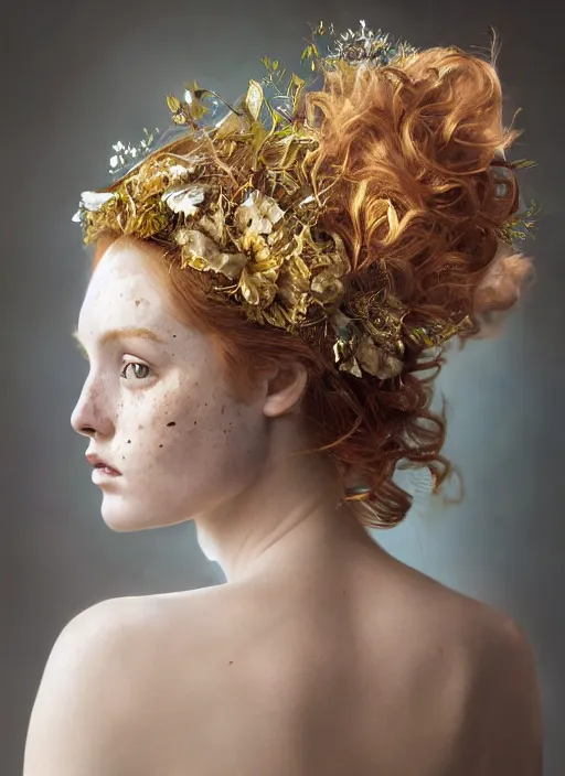 Image similar to oil on canvas portrait of ethereal ginger beauty with wavy hair an orchid floral crown, little freckles on her skin, background of silver and gold intricated mandelbug patterns, smooth, zenithal lighting, photo studio composition, by artgerm, greg rutkowski and WLUM.