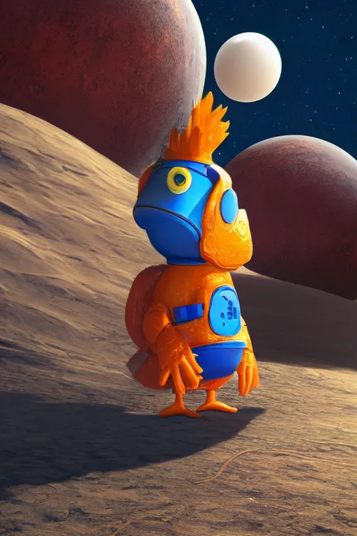 Image similar to a lonely chicken wearing a space suit without helmet in a alien planet, profile picture, digital art, concept art, trending on DeviantArt, highly detailed, high quality, 4K, cartoon, high coherence, path traced, blue sky in the background, octane render, digital painting, no helmet, masterpiece