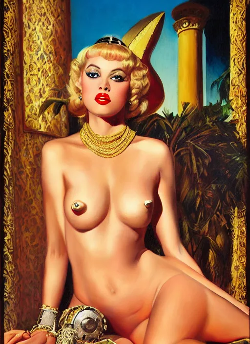 Image similar to lili st. cyr as cleopatra, pulp art oil painting by mort kunstler, intricate, hyper detailed, 4 k, hd, award winning, photorealistic