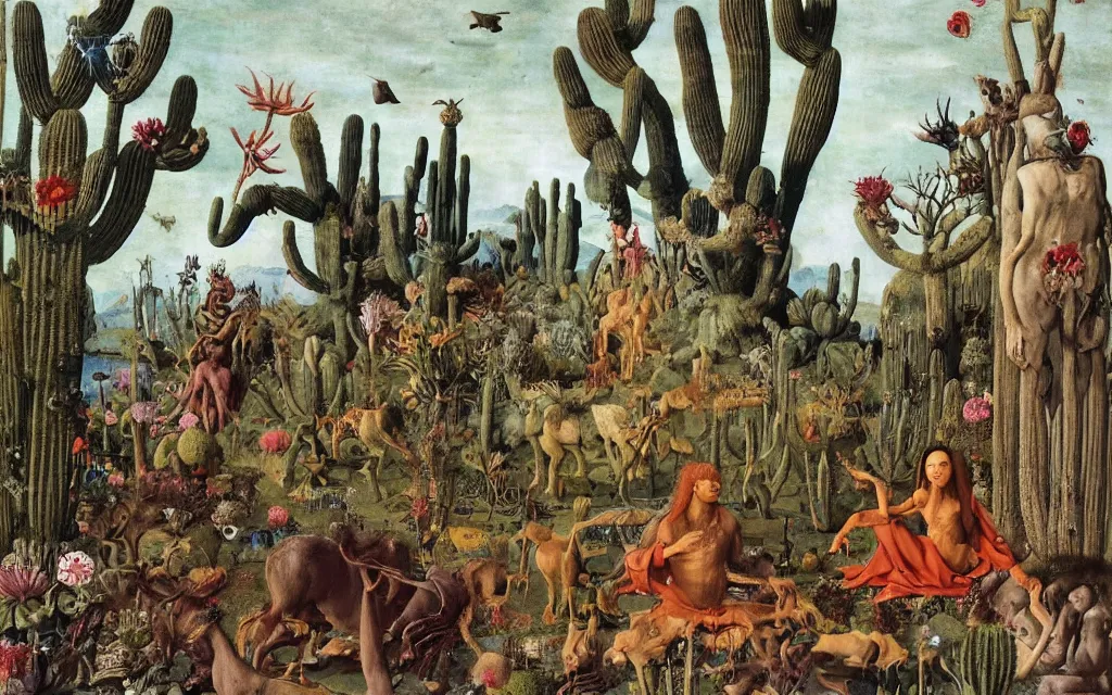 Prompt: photograph of a meditating centaur shaman and a flayed werewolf feeding animals at the riverside. surrounded by bulbous flowers, animals and a few trees and cacti. river delta with cliffs under a blue sky of burning stars. painted by jan van eyck, max ernst, ernst haeckel, ernst fuchs and artgerm, trending on cgsociety