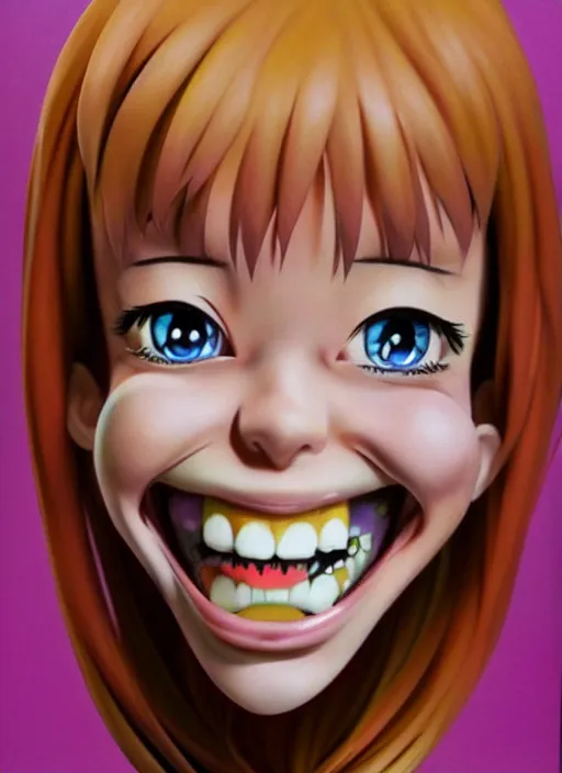 Prompt: a hyperrealistic oil panting of a kawaii anime girl figurine caricature with a big dumb grin featured on Nickelodeon by Dave McKean