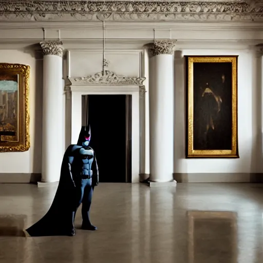 Image similar to Batman standing in giant Italian modern castle living room, clean minimalist design, that is 1300 feet tall, with very tall giant walls filled with modern art paintings, doors that are cosmic portals, photo by Annie Leibovitz