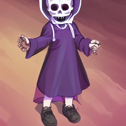 Image similar to cute little boy wearing an skull mask and dressed in an nun outfit, purple color palette, artwork made in western cartoon art syle, inspired in made in abyss and hirohiko araki, ray tracing, soft details