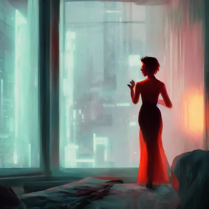 Image similar to portrait of a dancing girl wearing a gown, short hair, bed room, cyberpunk city view out of the window, no lights in bedroom, bright neon lights from the city, elegant, highly detailed, artstation, soft lights, night, fog, sharp focus