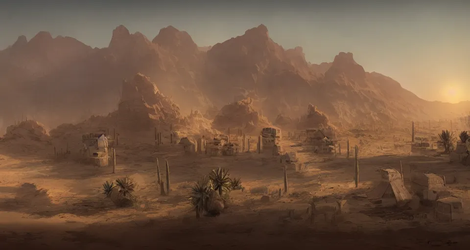 Image similar to a distant desert village, artstation, cgsociety