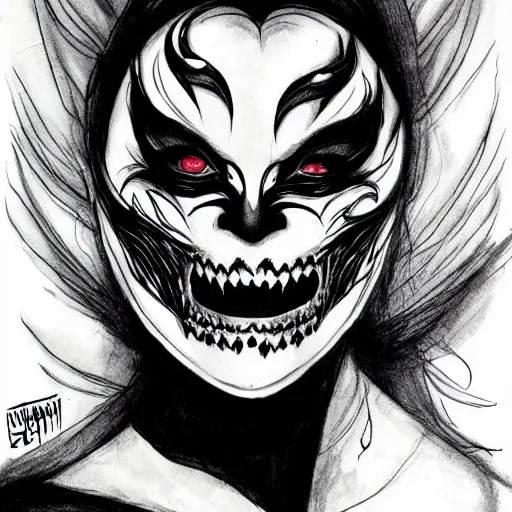 Image similar to an ink drawing of cracked white mask, scary smile, deviant art, artgerm