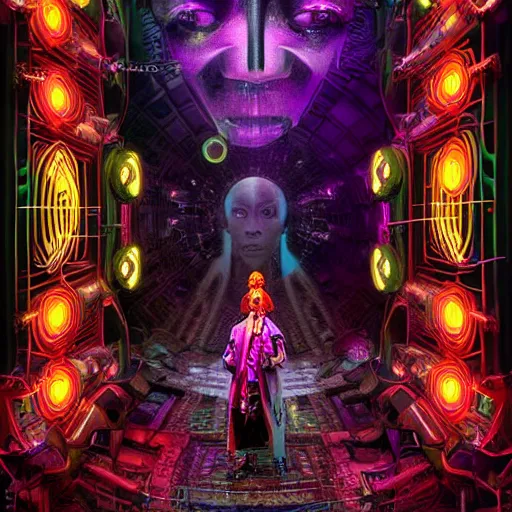 Prompt: symmetry!! a cyberpunk dogon priest opening a steampunk neon portal in the solarpunk village, alien cold fusion time machine, by machina infinitum and android jones, surreal psychedelic portrait style, dim lit, rim light, intricate and detailed environment, radiant lighting, fractal with infinite intricacy background, rendered in octane,