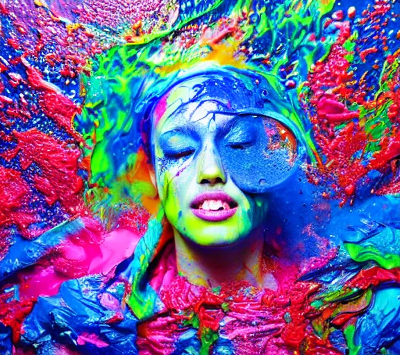 Image similar to underwater still shot of a closed eyed female head exploding into paint frottage and decalcomania and acrylic pour and coloured powder explosion and splashing paint and dripping paint and flying paint chunks, embossed paint, floating paint, moving paint, motion blur, hyperrealistic, intricate underwater art photography, hyperrealistic, anatomically correct, realistic crisp textures, 1 6 k,