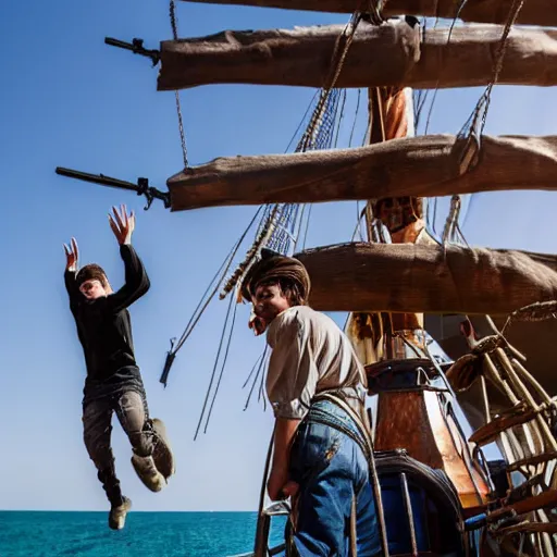 Image similar to a young man jumping on a pirate ship