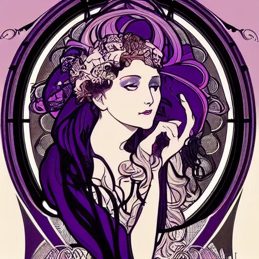 Image similar to a dark witch with black and purple designs and clouds, by alphonse mucha. elegant decoration. beautiful gradients. dark atmosphere. trending on artstation, behance.