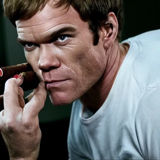 Prompt: Dexter Morgan with bloodshot eyes smoking a cigar
