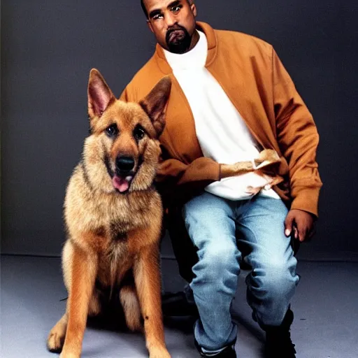 Prompt: Kanye West holding a German Sheppard for a 1990s sitcom tv show, Studio Photograph, portrait C 12.0