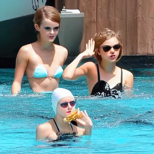 Image similar to emma watson and taylor swift and selena gomez swim together. perfect faces.