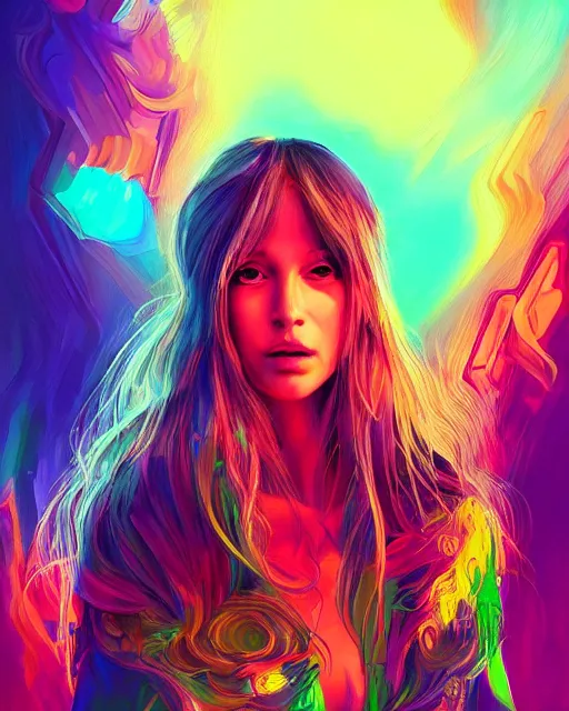 Prompt: colorful portrait of a female hippie, set in the future 2 1 5 0 | highly detailed | very intricate | symmetrical | professional model | cinematic lighting | award - winning | painted by mandy jurgens and ross tran | pan futurism, dystopian, bold psychedelic colors, cyberpunk, groovy vibe, anime aesthestic | featured on artstation