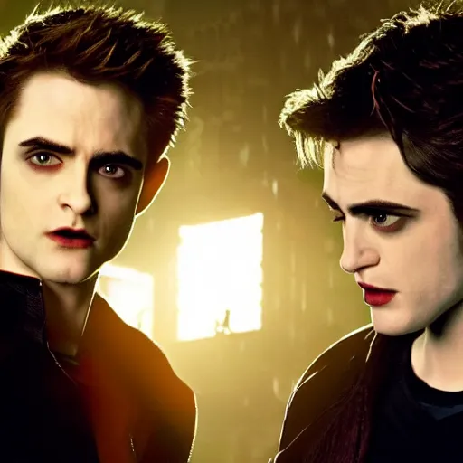 Image similar to buffy the vampire slayer fights twilight's edward cullen to the death, dramatic high - contrast film still, blue and orange rim lighting, iconic,