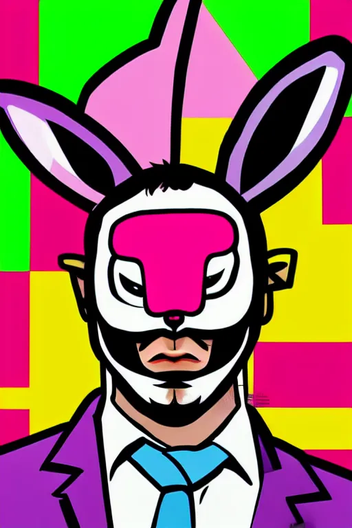 Image similar to man wearing an blouses with a bunny mask with one ear cut off. pop art, pixel, gta vice city art style, face features, body features, ultra realistic details, digital painting, concept art, smooth, sharp focus, illustration, intecrate details, elegant, confident posse, art by mark millar and richard hamilton and mimmo rottela