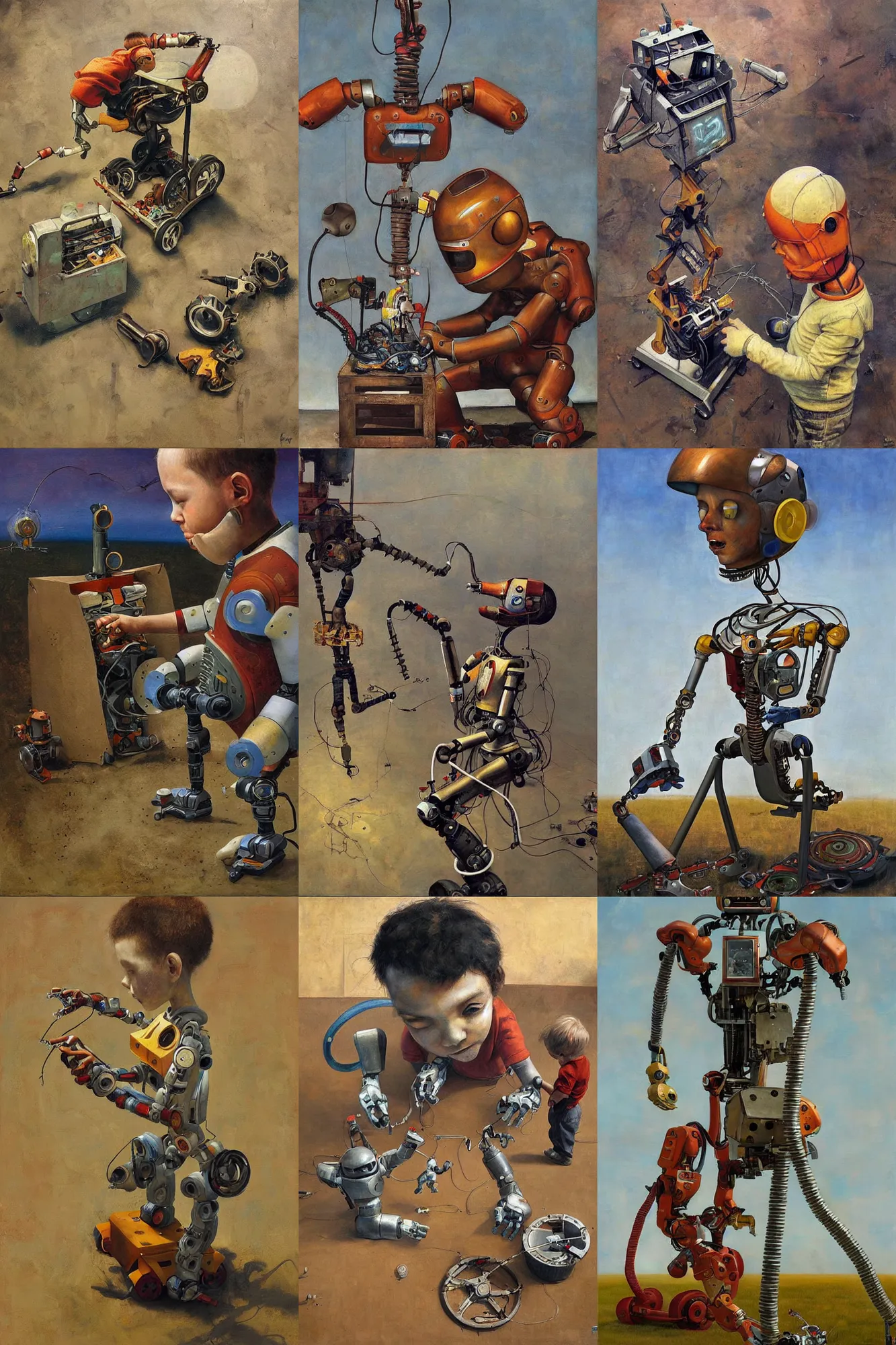 Prompt: a boy fixing his robot, part by Esao Andrews, high angle, oil on canvas