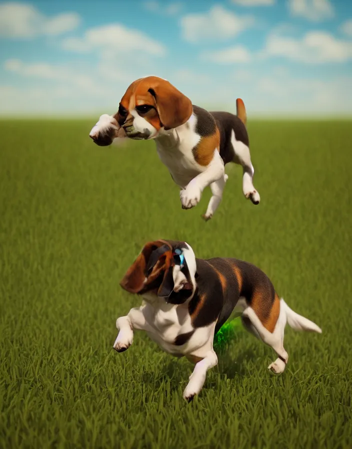 Prompt: a beagle running in a field . intricate artwork by art-station. octane render, cinematic, hyper realism, 8k, depth of field.