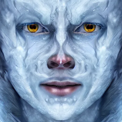 Image similar to a portrait photo of an ice elemental, human features, extremely detailed, beautiful portrait, fantasy art, face mad out of ice, ice person, photorealistic