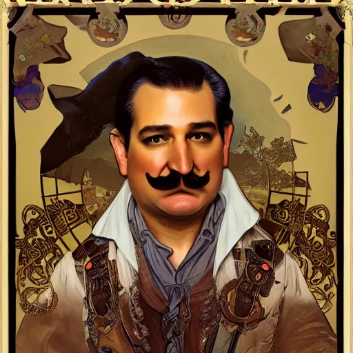 Prompt: a detailed portrait most wanted poster ted cruz dressed like santa ana as an old west bandit, long twirling moustache, by alphonse mucha and albert bierstadt and thomas moran and charles russel, god rays, intricate detail, cinematic, 8 k, featured on artstation, pixiv