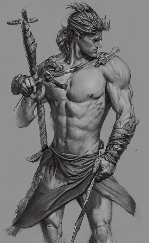 Image similar to highly detailed painting of achilles holding a spear, a pencil sketch by jesper ejsing, trending on artstation, high fantasy, loose pencil sketch, sketchy, concept art, cinematic, white space