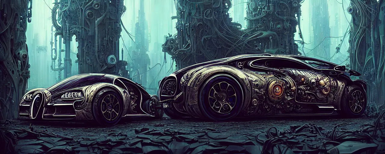 Prompt: shiny cyberpunk vehicle reminiscent of bugatti chiron with robotic enhancements parked in ancient mystic woods, gothic and baroque, brutalist architecture, ultradetailed, creepy ambiance, fog, artgerm, giger, Intricate by Ellen Jewett and Josan Gonzalez and Giuseppe Arcimboldo