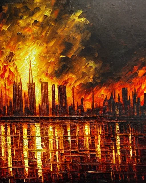 Image similar to oil painting landscape great fire of london, high production value, intricate details, high resolution, hdr, high definition, masterpiece, realistic, ultrarealistic, highly detailed, hd, sharp focus, non blurry, sharp, smooth