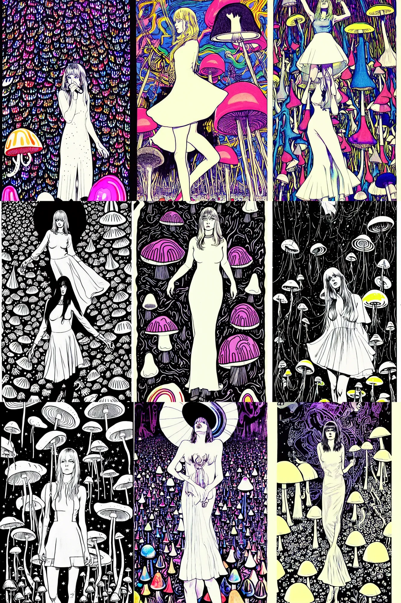 Prompt: the velvet underground playing in a arty night club in 1 9 6 9 with giant illuminated mushrooms on stage and nico wearing a white dress looking very beautiful, illustrated by james jean, very detailed and colorful and moody and relaxed, stoned, high, comicbook cover