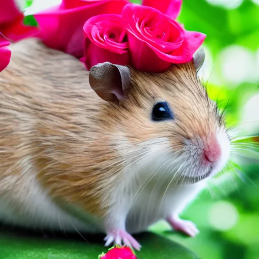 Image similar to detailed photo of a hamster holding roses, various poses, full body, unedited, daylight, dof 8 k