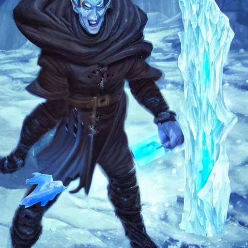 Image similar to a blue tiefling man frozen in a block of ice and being shattering into a million pieces, block of ice breaking apart, wearing dark cloths, ice block, cracked, destroyed, shattering, breaking, by Tony Sart, detailed, realistic, masterpiece