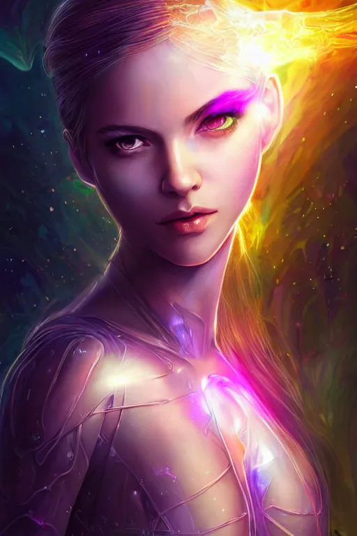 Image similar to a photographic portrait of an attractive young girl, partially clothed in ethereal armor, surrounded by colorful transparent plasma, emitting psychic powers, beautiful bone structure, perfectly proportioned face, perfect eyes, intricate, elegant, highly detailed, hyper detailed, trending on tumblr, by artgerm, by loish, fantasy scene, fantasy aesthetic, from Valerian and the City of a Thousand Planets, trending on Artstation