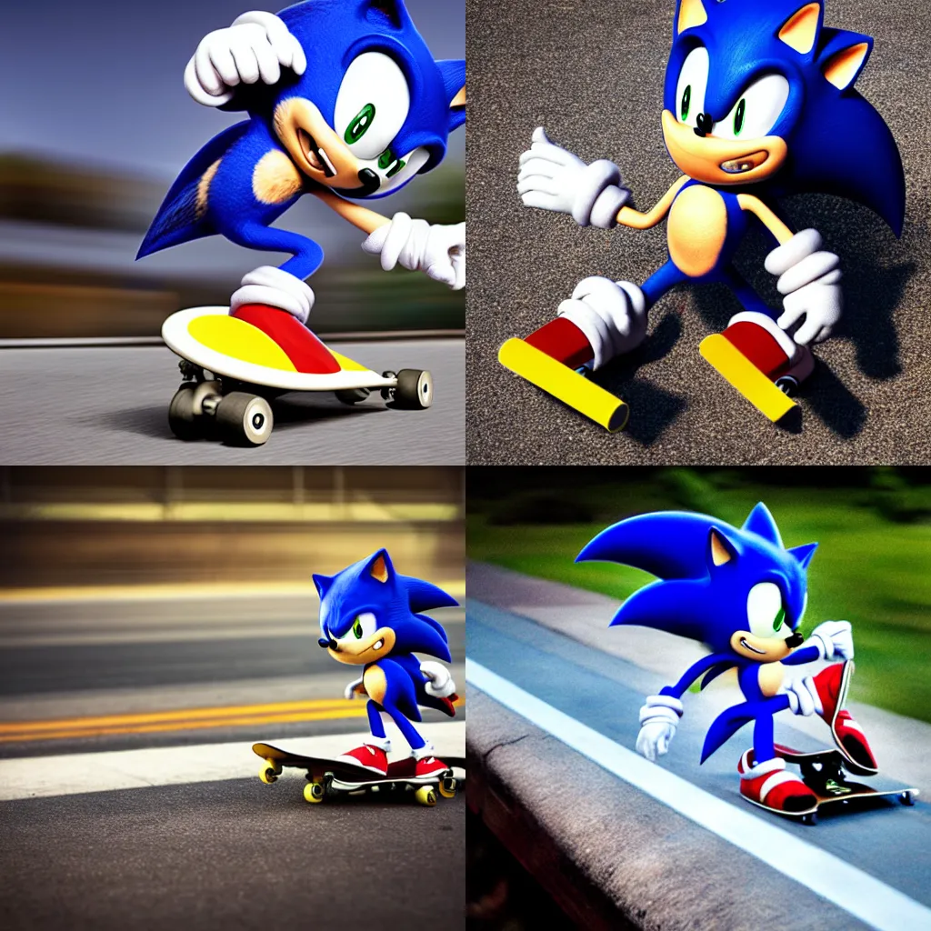 Prompt: professional photo of sonic the hedgehog on skateboard, by discovery magazine, real life, photorealistic, soft focus, long exposure