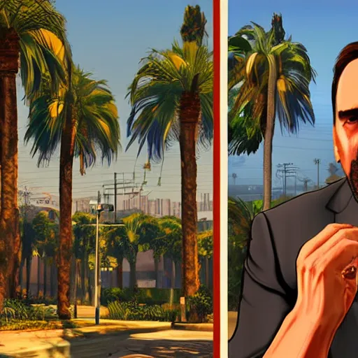 Prompt: Nicholas Cage in GTA V . Los Santos in the background, palm trees. In the art style of Stephen Bliss