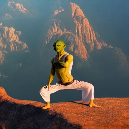 Image similar to full body composition of yoda practicing yoga on the top of a mountain during sunrise, movie still, 4k