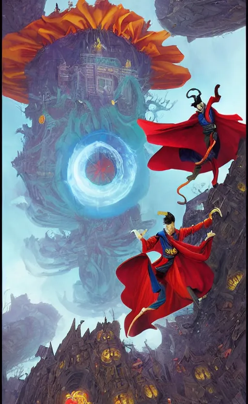 Image similar to the third first image on the scattered absurdity server, dr strange and dr seuss, very pretty, photorealistic, portal hopping and time warping with reckless abandon, by Greg rutkowski, Jacek Yerka