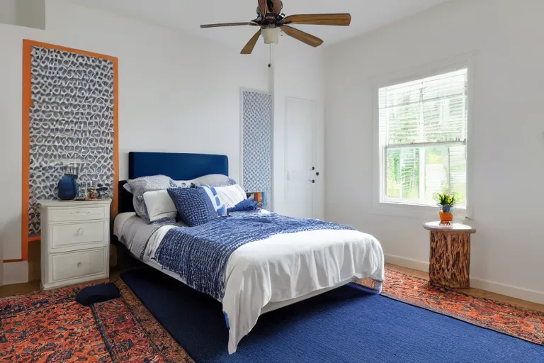 Prompt: a 10 by 11 foot bed room with white with a criss cross pattern in blue grey walls, white ceiling, navy blue carpet, a small bed, desk, two wooden wardrobes, an old TV, and a ceiling fan gives off a dim orange light.