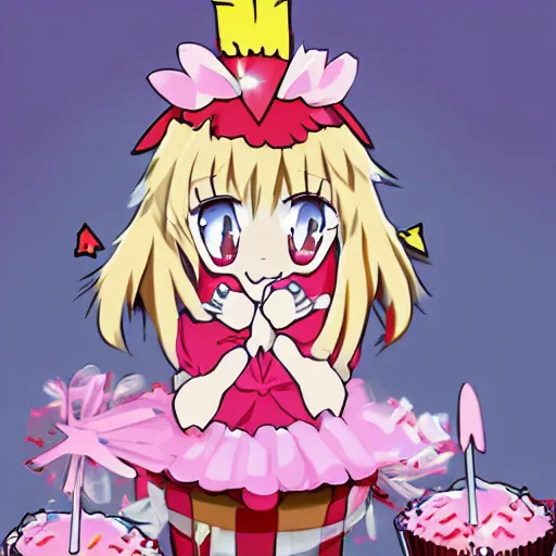 Image similar to flandre eating cupcakes. anime style.