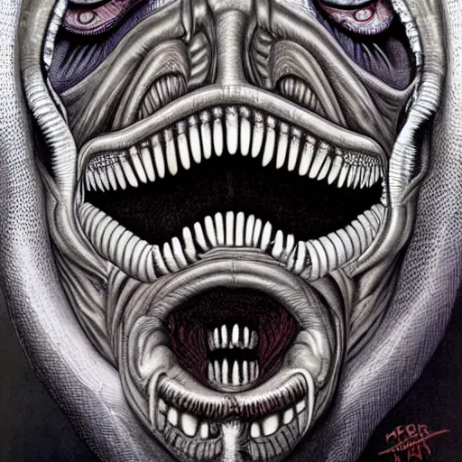 Image similar to alien trump, sharpt teeth, by h. r. giger, nightmare fuel, nightmarish, intricate, highly detailed, optical illusion