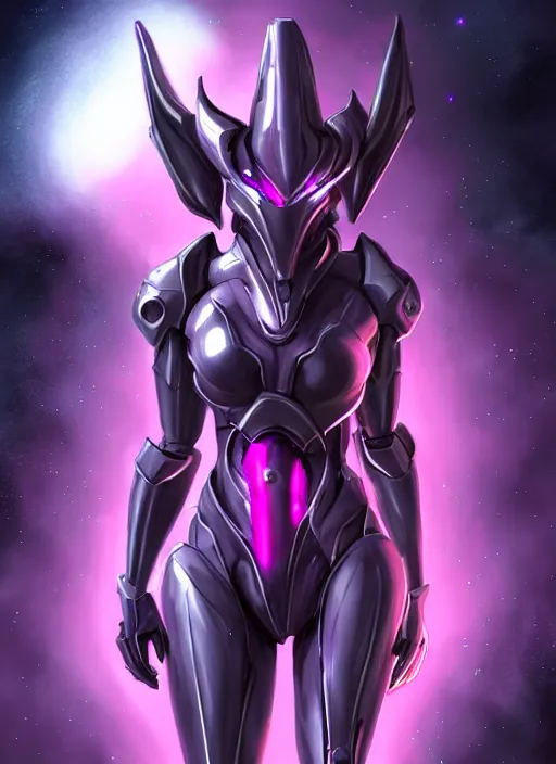 Image similar to cinematic goddess full shot, beautiful stunning hot anthropomorphic robot mecha female dragon, sleek dragon head, metal ears, led purple eyes, smooth fuschia skin, smooth silver armor, floating in space, holding a galaxy, epic proportions, epic size, epic detail, furry art, dragon art, giantess art, warframe fanart, furaffinity, octane