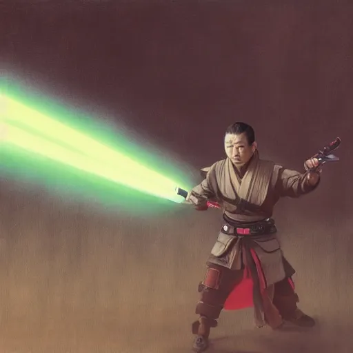 Prompt: painting of a samurai holding a lightsaber, katana, star wars, kabuto, armor, darth revan, star killer, jedi, fenghua zhong, ruan jia, jeremy lipking, peter mohrbacher, laser, ralph mcquarrie, sword, lightsaber katana, sekiro