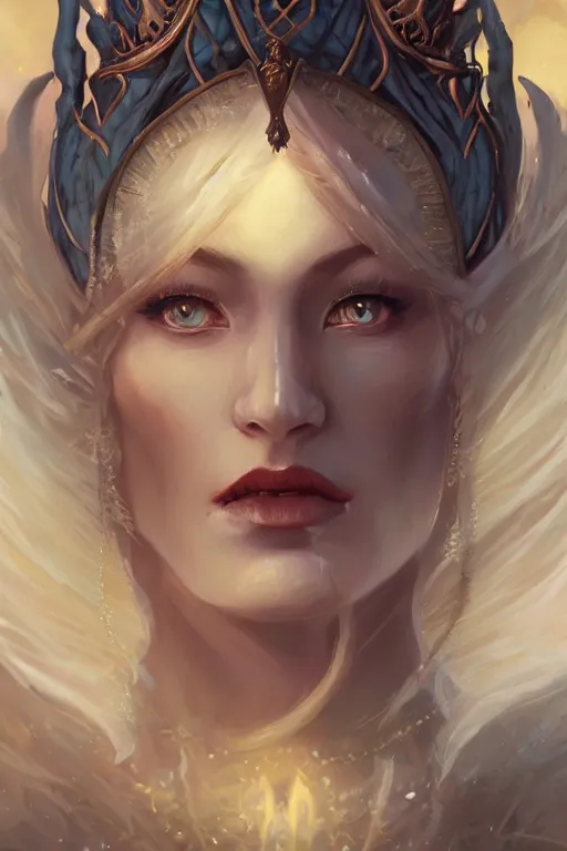 Prompt: stygian strange detailed portrait of a blue eyed, blonde haired crowned queen of summer with light elvish overtones and an arcane halo by kirsi Salonen, asya yoranova and peter mohrbacher trending on artstation