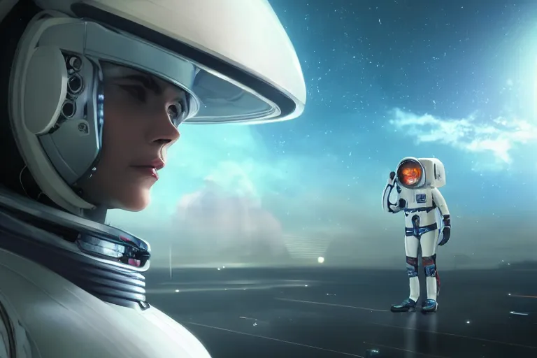 Image similar to futuristic astronaut chasing a distant spaceship Anime, wide angle, fine details, cinematic. galaxy starscape. realistic shaded lighting by Ilya Kuvshinov Giuseppe Dangelico Pino and Michael Garmash and Rob Rey greg rutkowski, octane render, IAMAG premiere, aaaa achievement collection, elegant freckles, cinematic hologram, fabulous, daily deviation, annual award winner