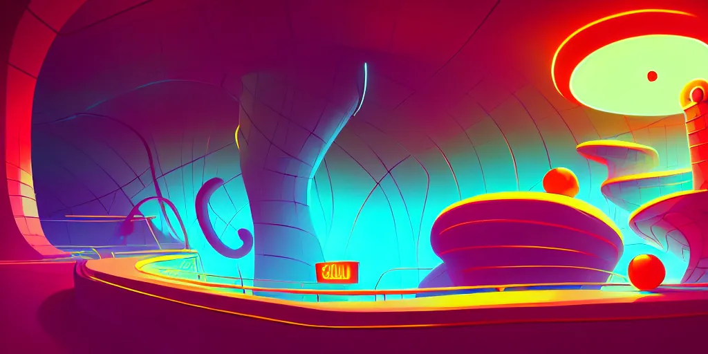 Image similar to spiral lines, minimalistic, extreme wide angle, curved perspective, digital art, chubby, subsurface scattering, indoor casino, by anton fadeev, dr, seuss, spiral smoke, artstation, neon